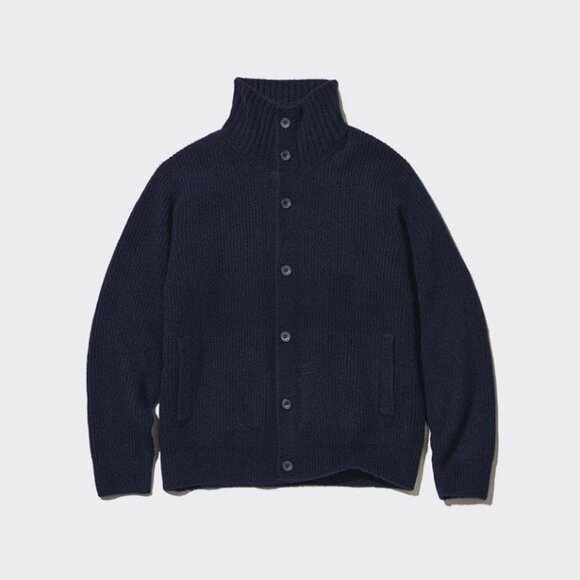 UNIQLO Men's Soufflé Yarn Grandad Collar Cardigan Size XL In Navy - Picture 2 of 7